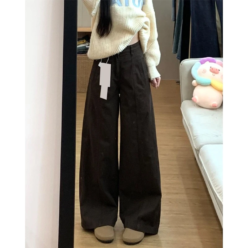 美式复古咖色阔腿牛仔裤女秋季新款小个子高腰宽松显瘦直筒拖地裤