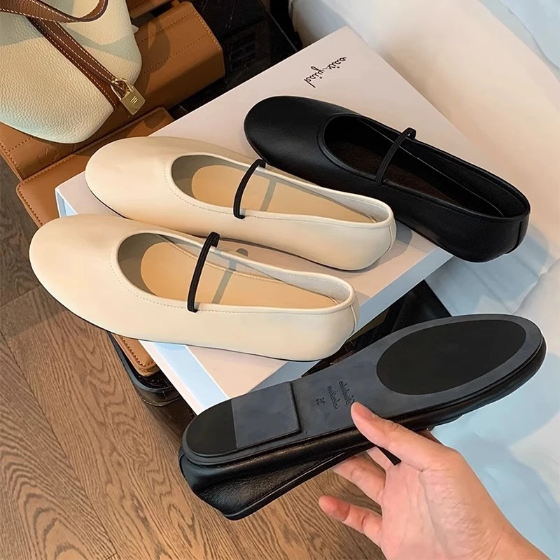 羊皮版~一字带平底玛丽珍鞋女夏季新款复古圆头浅口单鞋豆豆鞋女