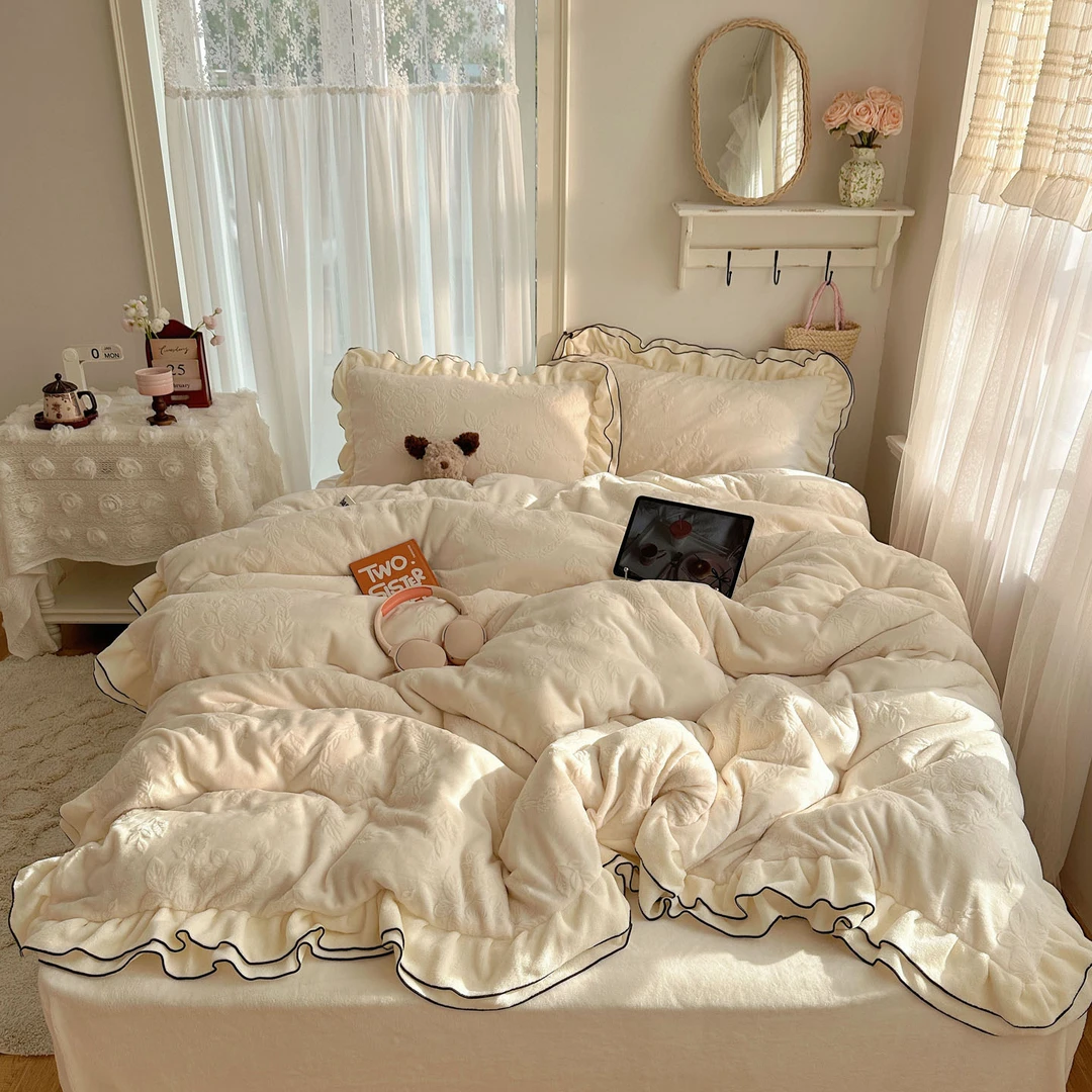 加绒A类雕花牛奶绒四件套南茜公主风冬天床上用品珊瑚绒被套三件