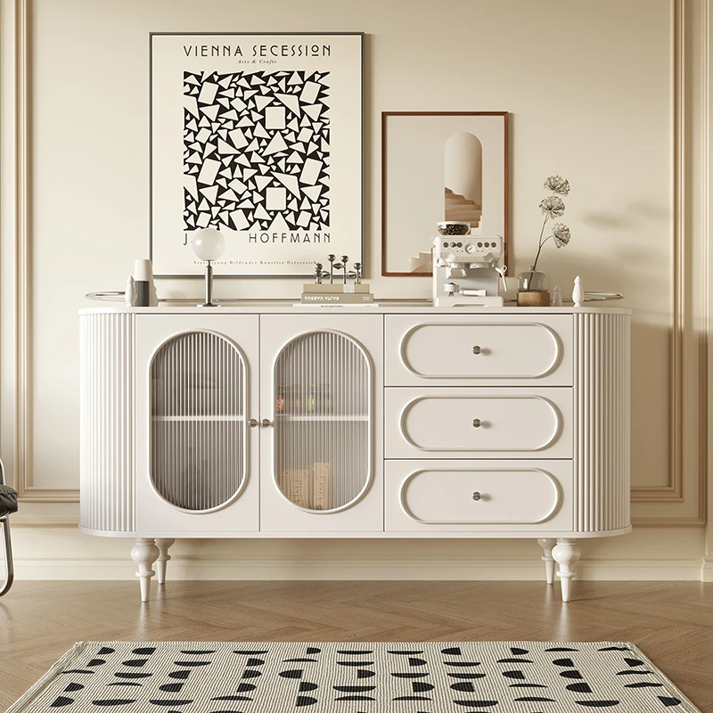 法式餐边柜实木边柜复古法式酒柜茶水柜长虹玻璃餐厅储碗柜奶油色