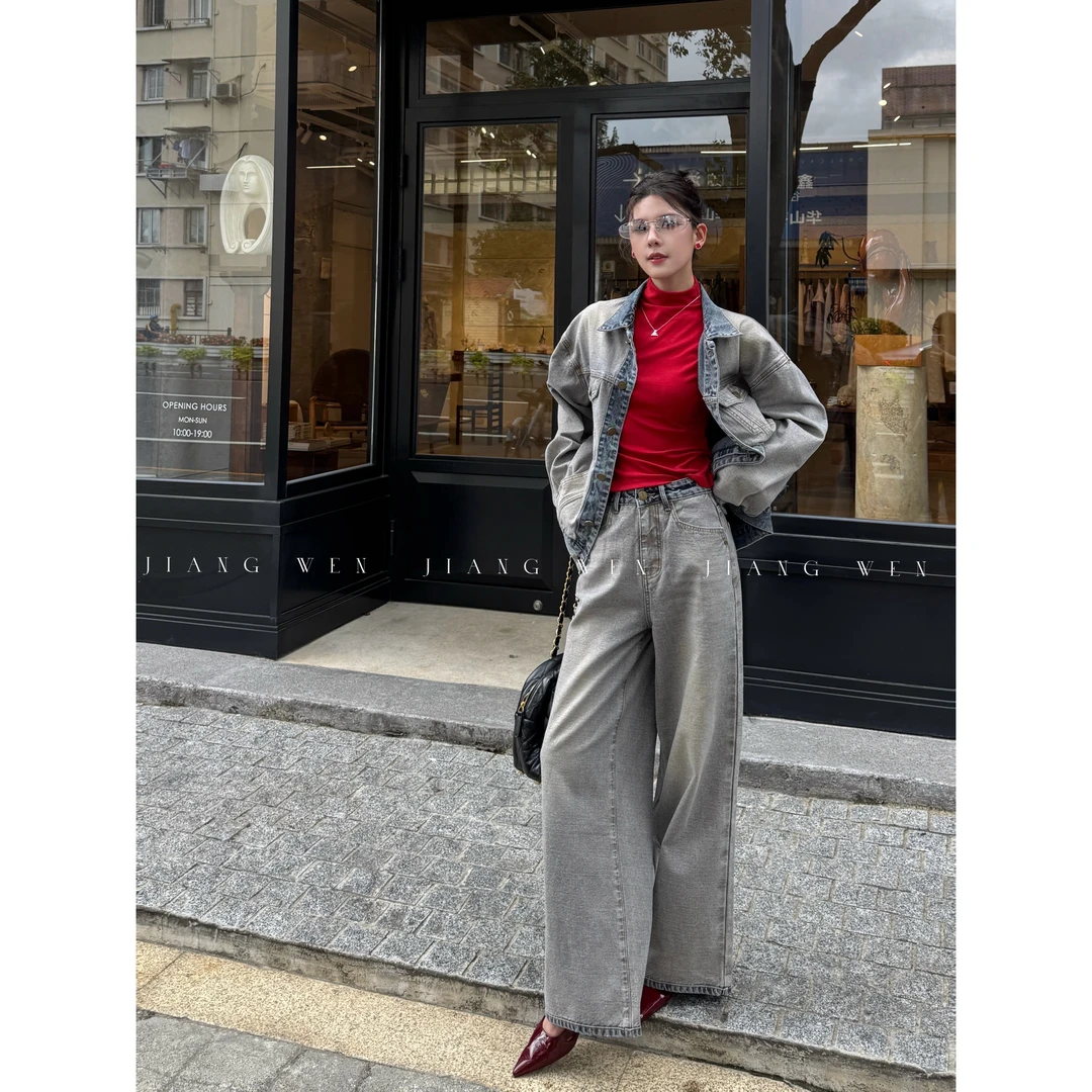 【纽约时报】港风复古水洗做旧阔腿牛仔裤