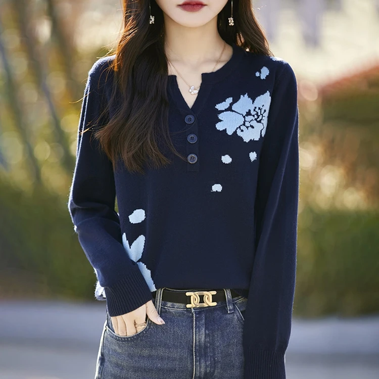 2025春秋新款时髦气质V领羊毛衫女洋气提花毛衣打底衫舒适针织衫