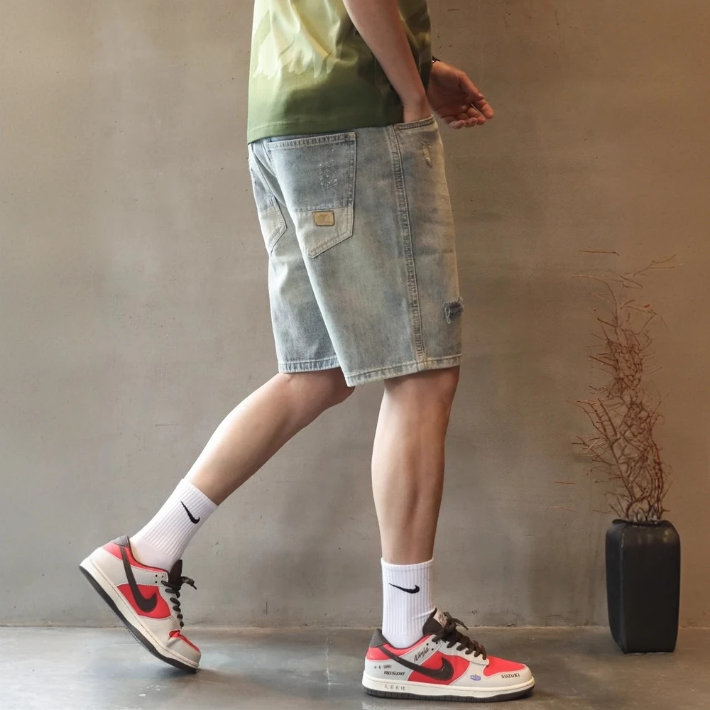 破洞牛仔裤短裤男士直筒五分裤夏季2025新款高级美式潮牌宽松大码
