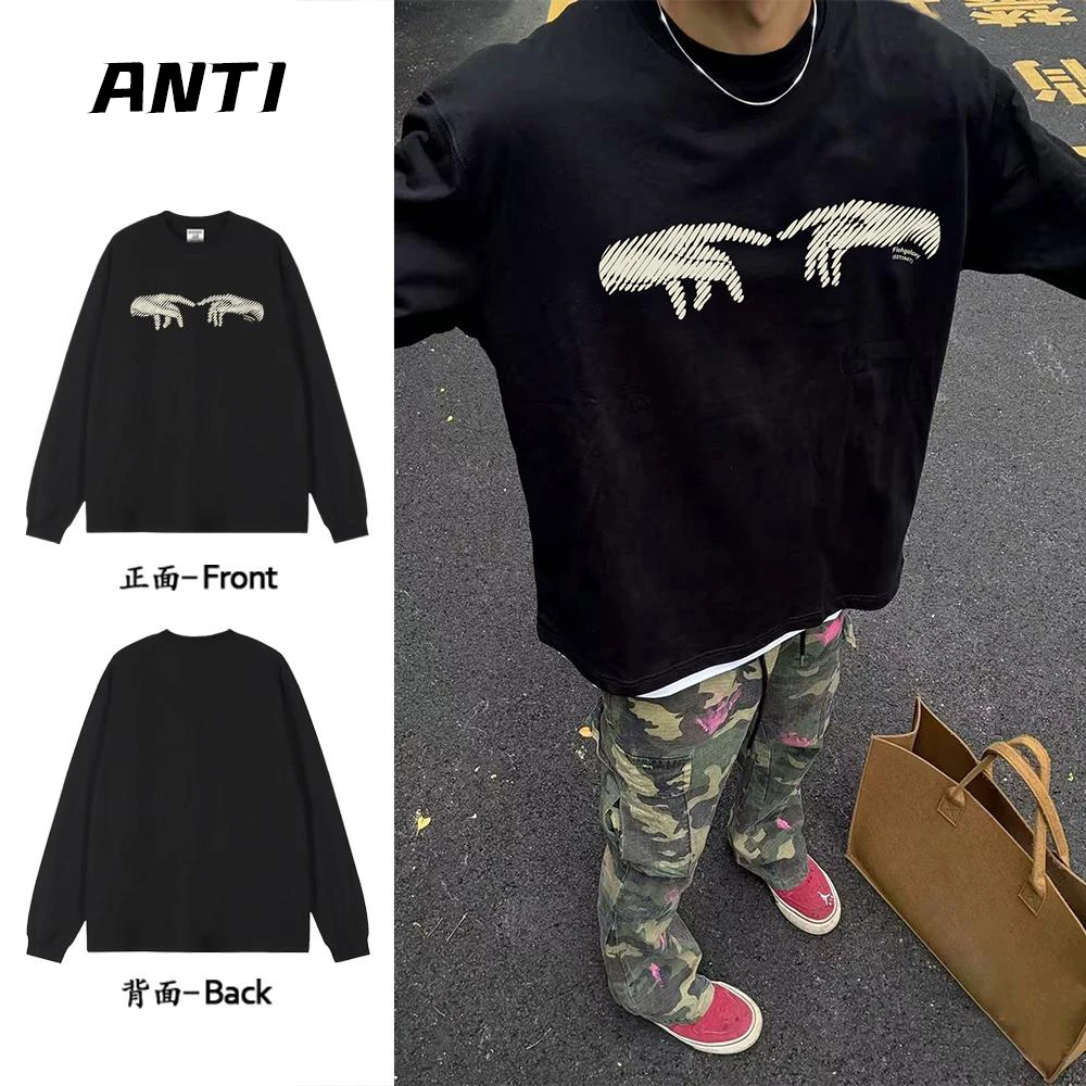 美式复古长袖T恤纯棉手绘涂鸦印花男生秋季宽松打底衫透气女上衣