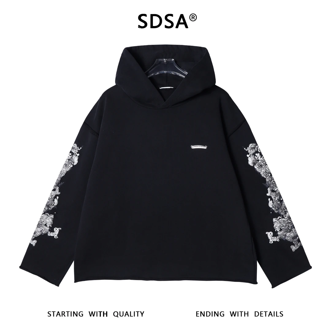 SDSA男士秋冬新款痞帅男装韩版磨边发泡印花连帽卫衣百搭时尚上衣