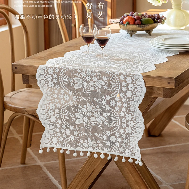 新款简约网纱餐桌长条布装饰氛围感镂空桌布边柜电视柜盖布