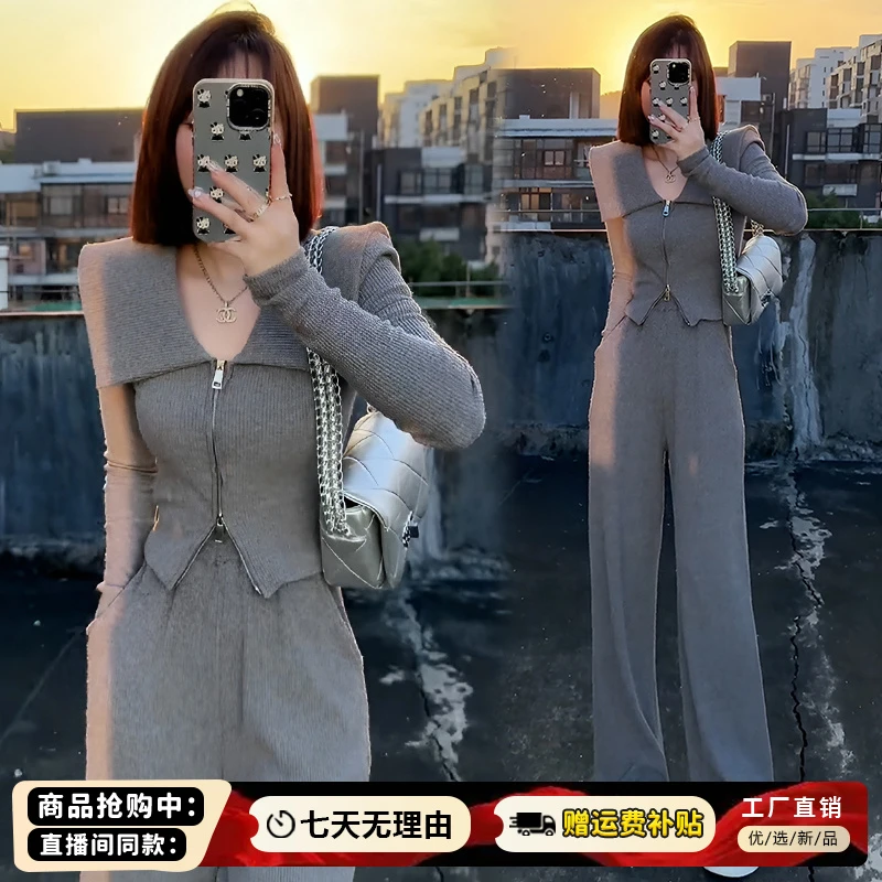 高级感休闲翻领套装女2025年春秋季新款修身显瘦高腰阔腿裤两件套