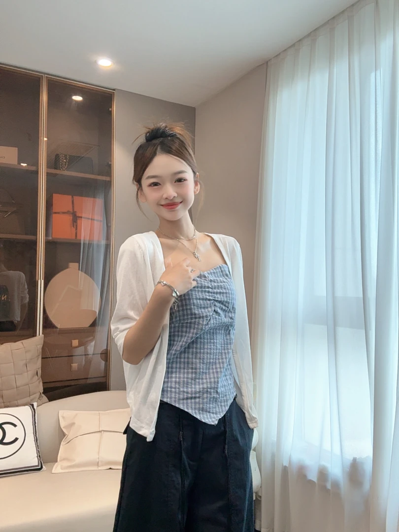 小心机时尚设计感吊带格子背心+开衫两件套上衣女