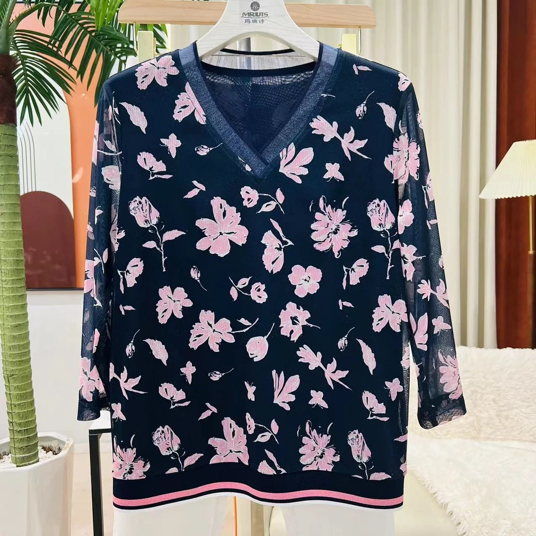 T5351夏季舒适休闲印花T恤v领时尚长袖百搭潮流长袖显瘦洋气