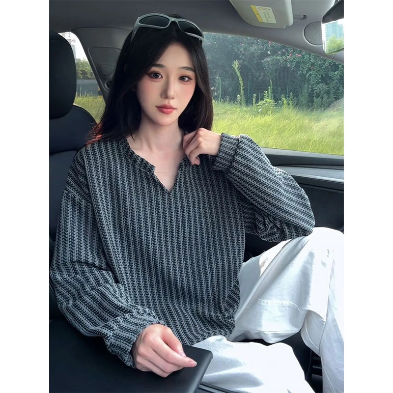 小香风肌理感长袖V领T恤男女秋季千鸟格设计感卫衣宽松情侣打底衫