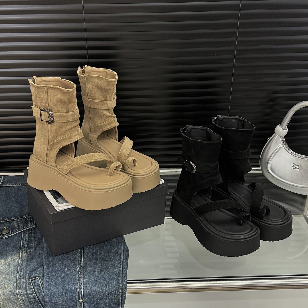 厚底罗马凉靴女2025新款夏季时尚套趾高帮凉鞋小个子短靴