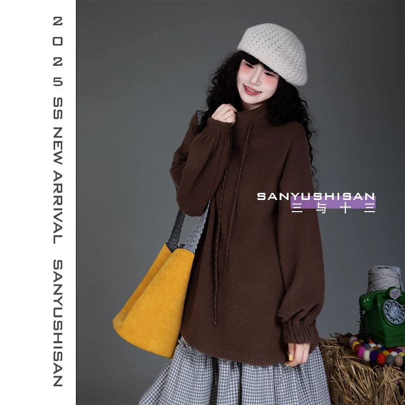 三与十三|暖绒记|复古日系半高领抽绳设计感上衣百搭设计感-2