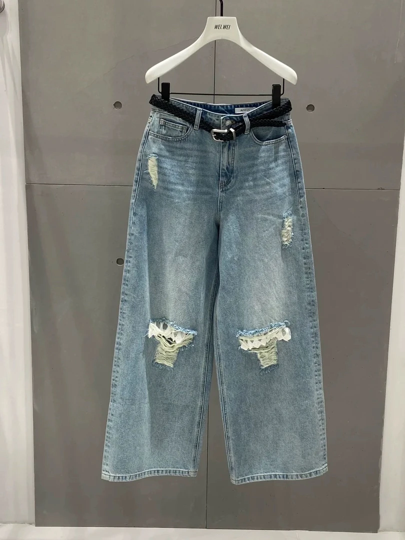 设计师款2025春季新品破洞蕾丝边百搭直筒长裤微宽松牛仔裤女