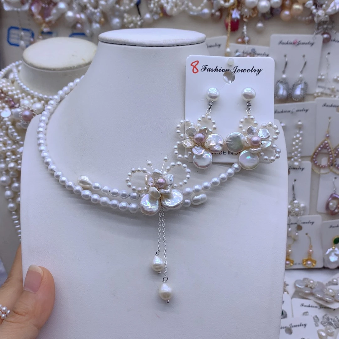 嘤***甜合金淡水珍珠耳饰项链