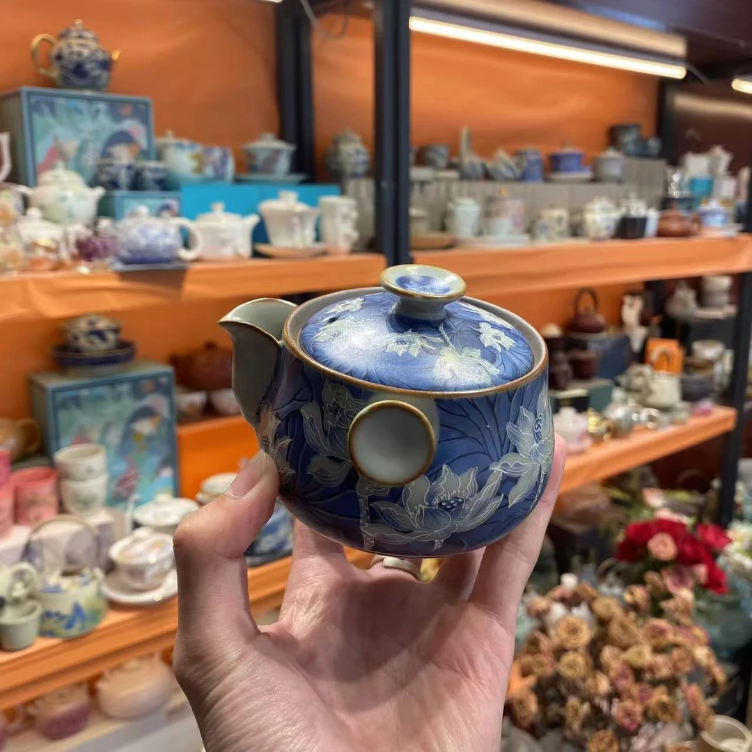 友名 蓝彩【铜钱-双耳+4杯】手抓铜钱壶旅行快客-6009