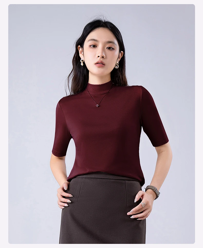 时尚舒适夏季薄款2025半高领螺纹t恤五分袖打底衫上衣女极简风潮