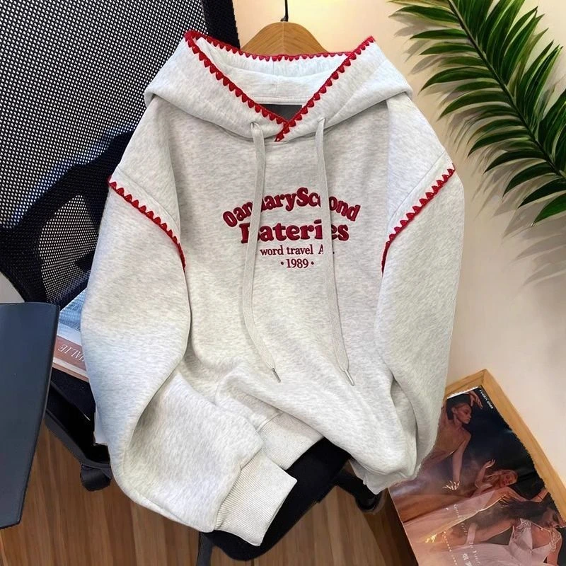 加绒大码美式连帽卫衣男女秋季宽松休闲设计感外套韩版情侣上衣潮