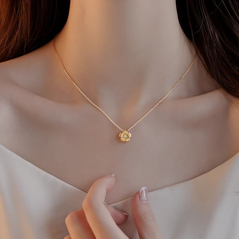 坠链均925银锆石 925银拉丝小花项链女2025新款爆款锁骨链颈链