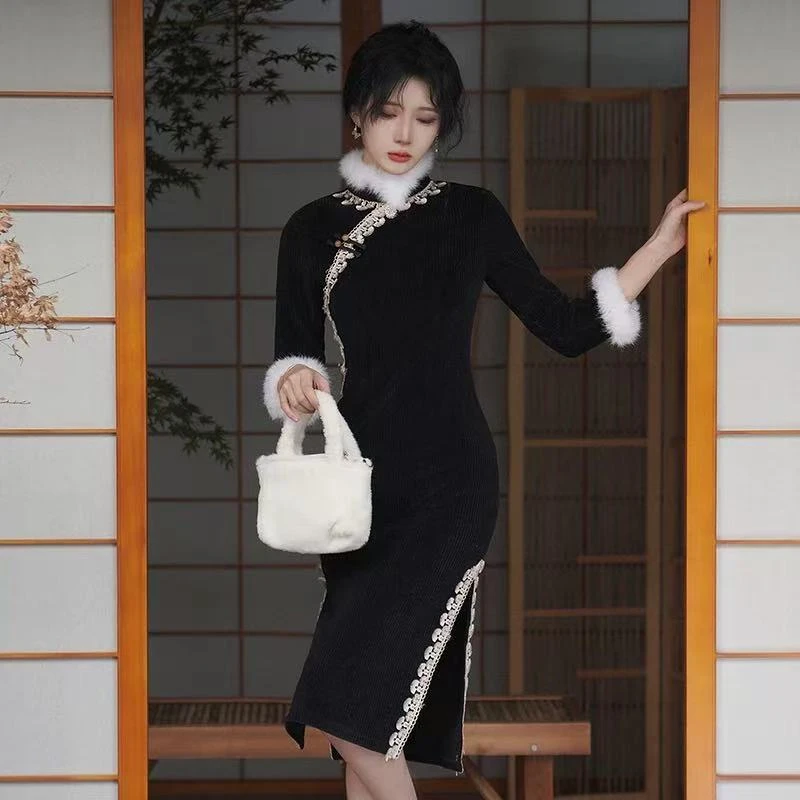 1592 黑色 白毛领 【银杏叶花边】 旗袍