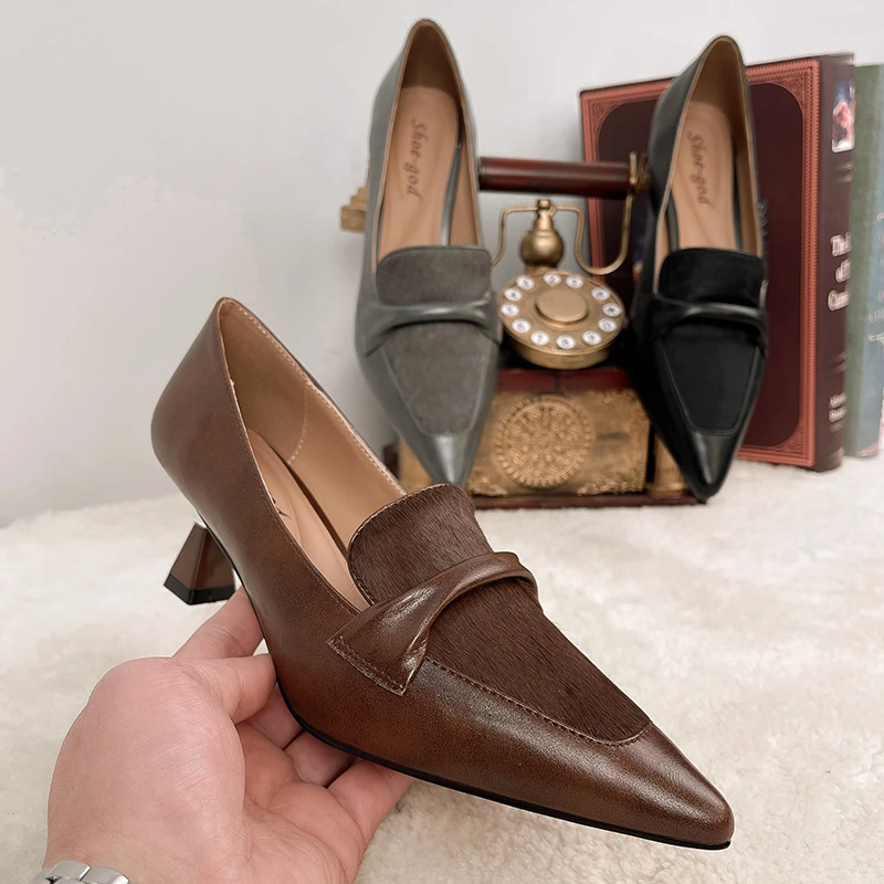 【马毛 】5厘米2024年春季新款气质百搭粗跟尖头深口单鞋SG009