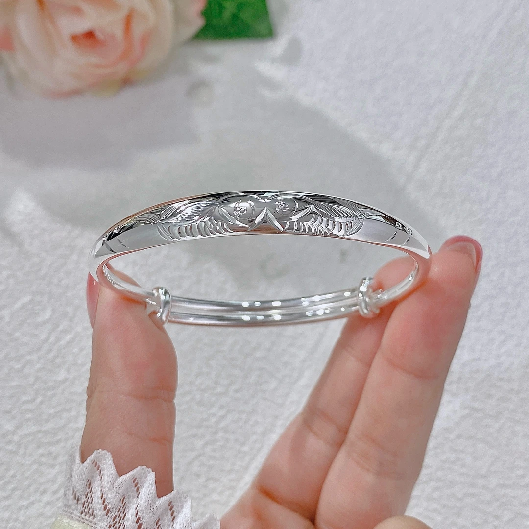 足银手镯 足银999推拉妈妈款年年有鱼手镯精品款