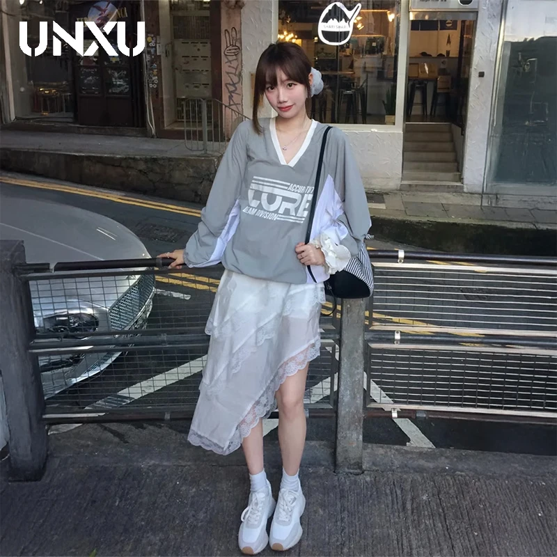 UNXU中性风美式V领卫衣女设计感情侣款长袖春季运动休闲宽松上衣