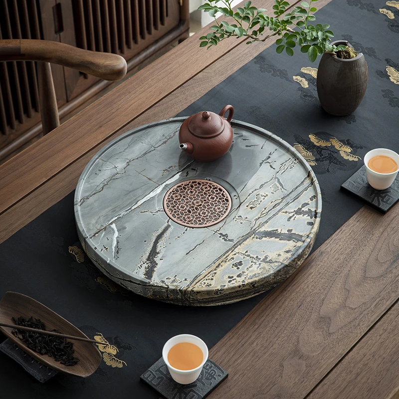 天然国画石茶盘新中式圆形沥水石头中式茶台小泡台简约家用茶托盘