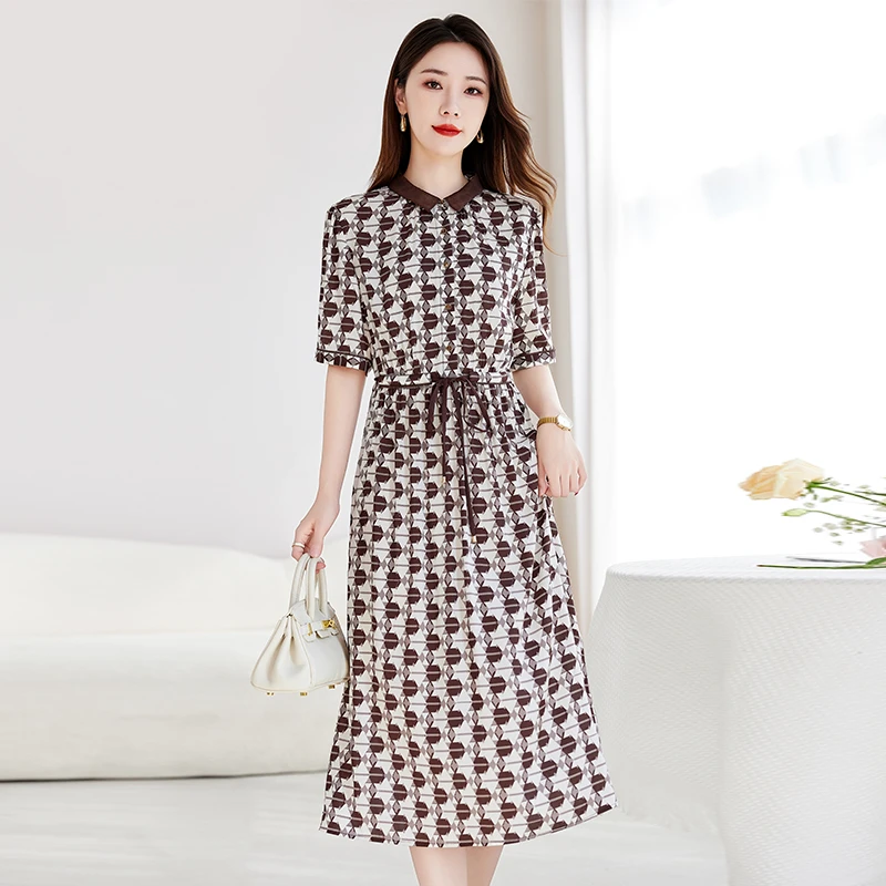 真丝弹力双乔连衣裙女欧根纱撞色翻领气质显瘦2025妈妈桑蚕丝长裙