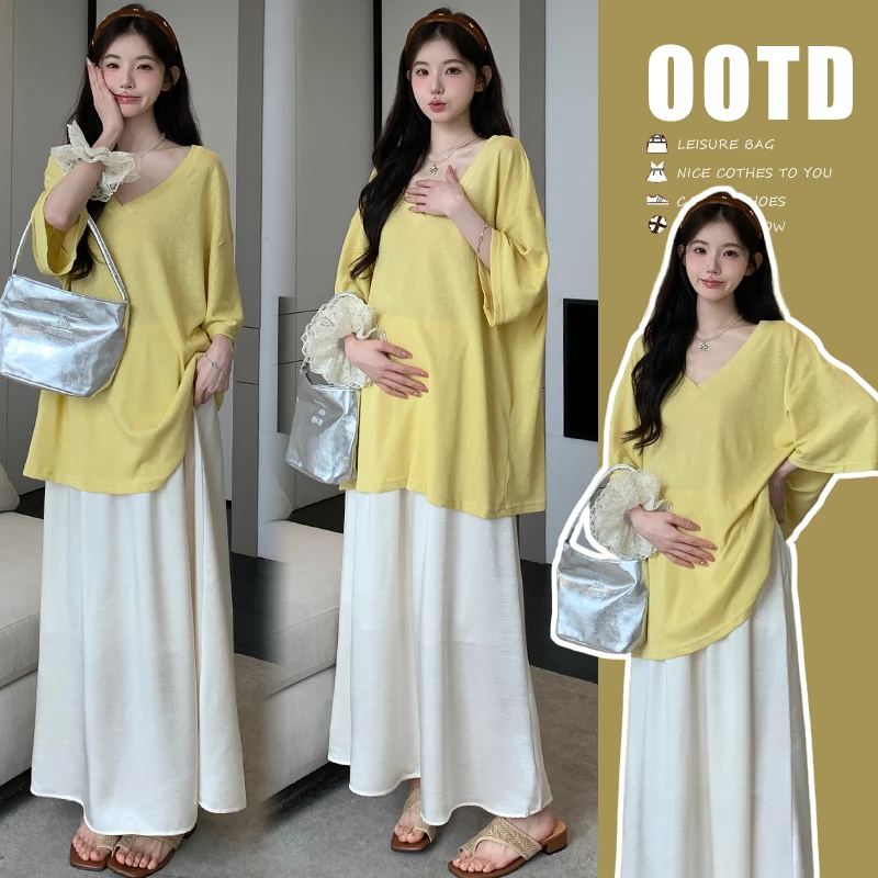 夏季新款孕妇套装韩版时尚防晒冰丝中袖上衣缎面高腰显瘦半身裙子