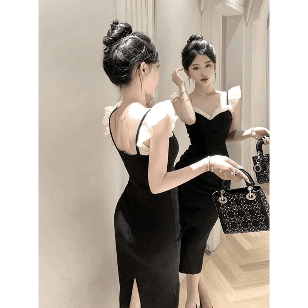 风小众成人礼晚礼服女夏季新款荷叶边吊带长裙修身显瘦连衣裙