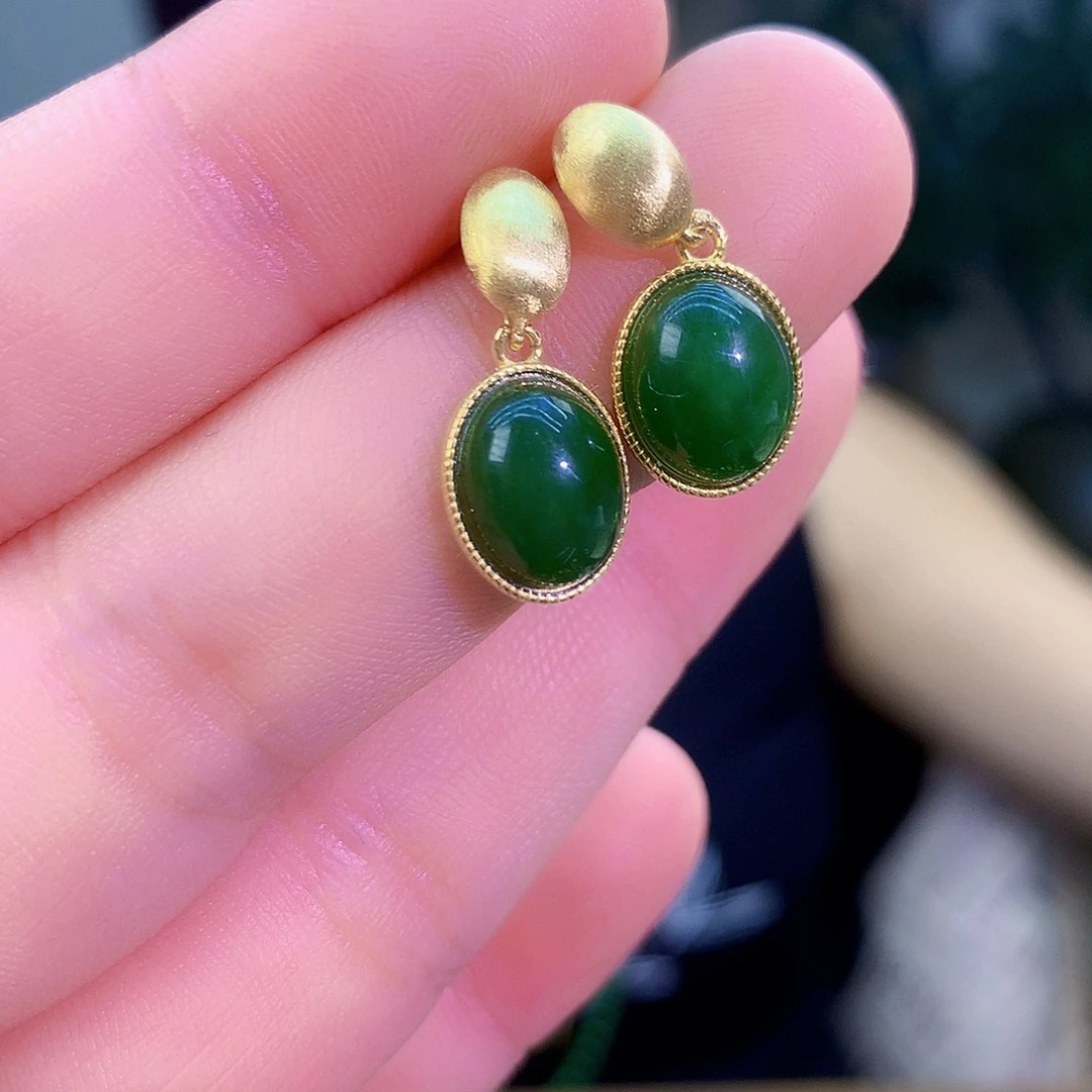 吊坠(不含链)银S925镶嵌和田玉（碧玉）耳钉