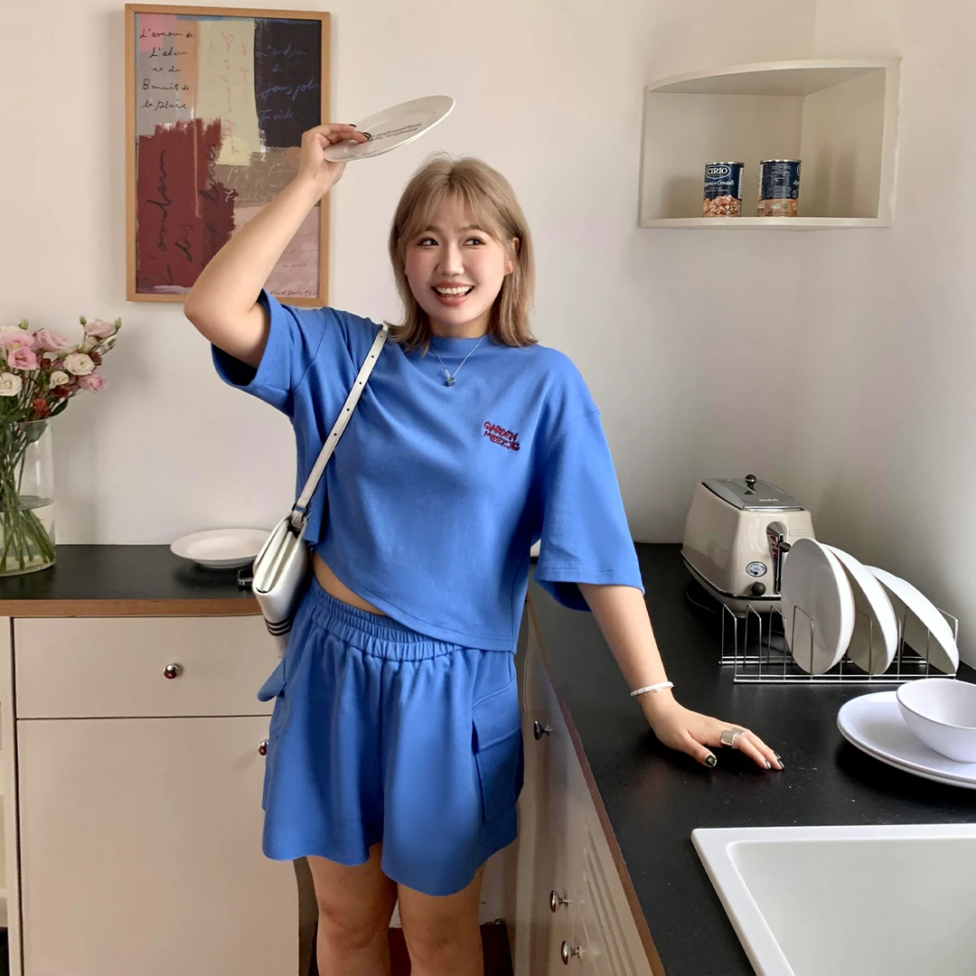 晶咕白标~珠地短袖T+侧边口袋短裤套女夏季短袖T+短裤休闲套装