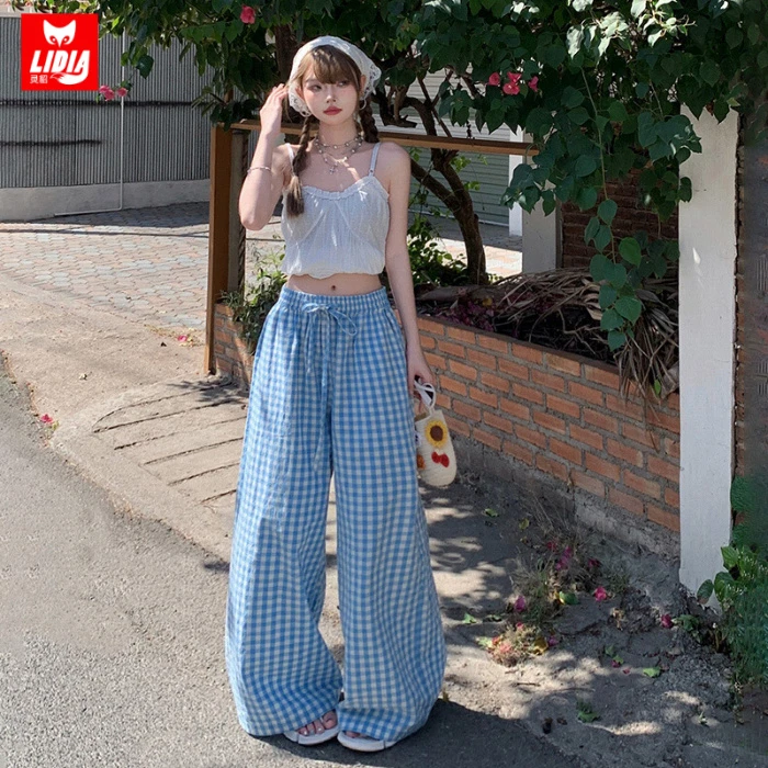 欧若风清新蓝色格子裤休闲阔腿裤女2025春夏高腰显瘦直筒遛弯裤子