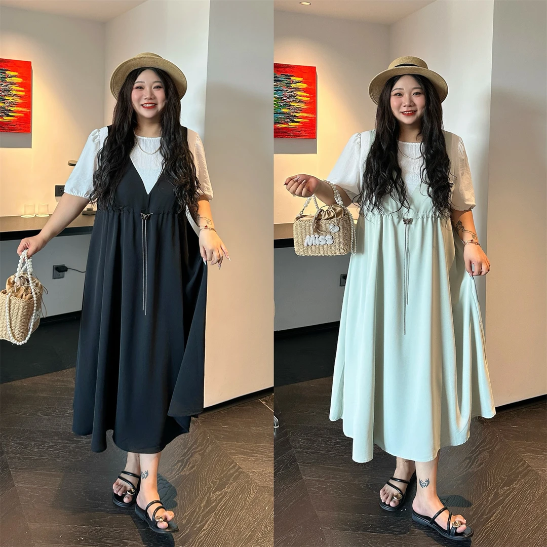 大码女装夏季花契200斤胖mm松弛感慵懒系假两件短袖连衣裙15245
