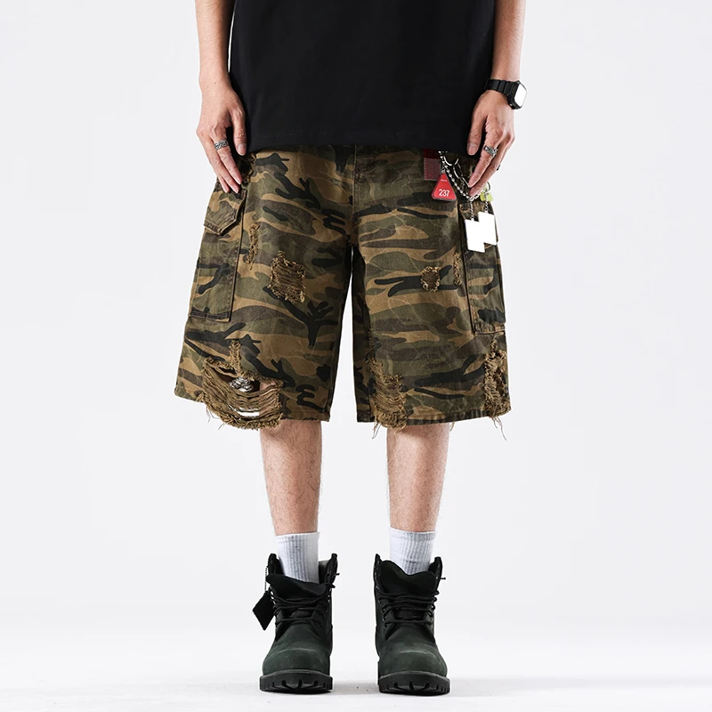 【送重磅短袖】男装破洞做旧迷彩短裤宽松阔腿工装休闲五分裤高街潮