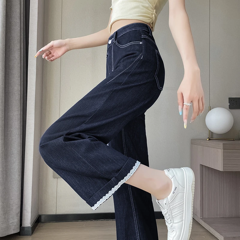 莱赛尔九分直筒裤女2025夏季高腰蕾丝设计感小个子垂感冰丝烟管裤