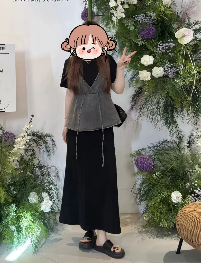 2025新款撞色拼接假两件短袖上衣夏显瘦半裙套装胖mm两件套