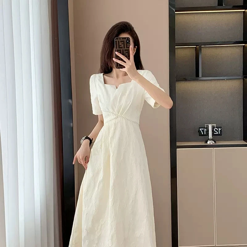 3032 大码女装胖mm夏季法式复古赫本风高档提花连衣裙