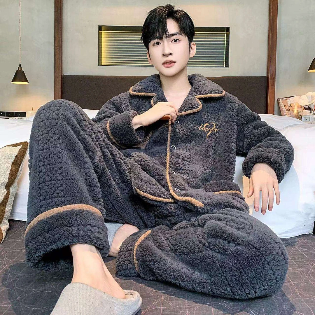 珊瑚冬季家居服睡衣新款男士加绒宽松大码可外法兰绒秋冬加厚套装