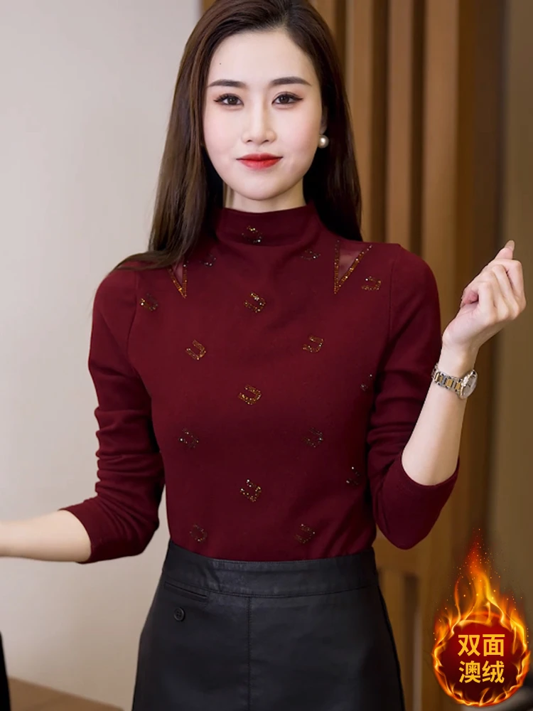 【茶芙巷】烫钻长袖德绒网纱镂空宽松半高领打底上衣9101#【ZS】