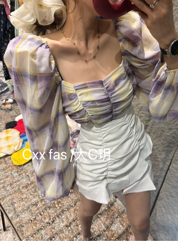 【CXX】9059韩版小清新乔其沙格子上衣