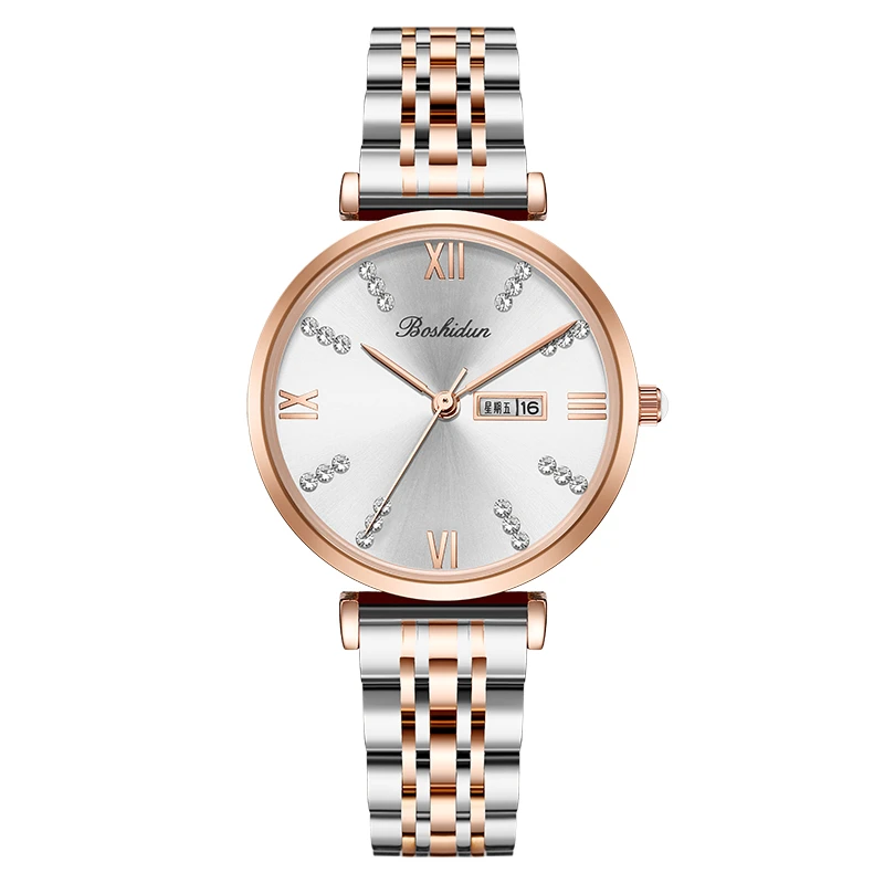 时尚休闲圆盘简约双日历精钢防水女士石英腕表8140专属-1