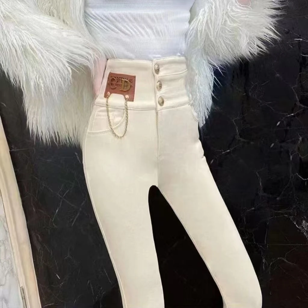 D6177春季百搭高腰纽扣纯色铅笔裤长裤