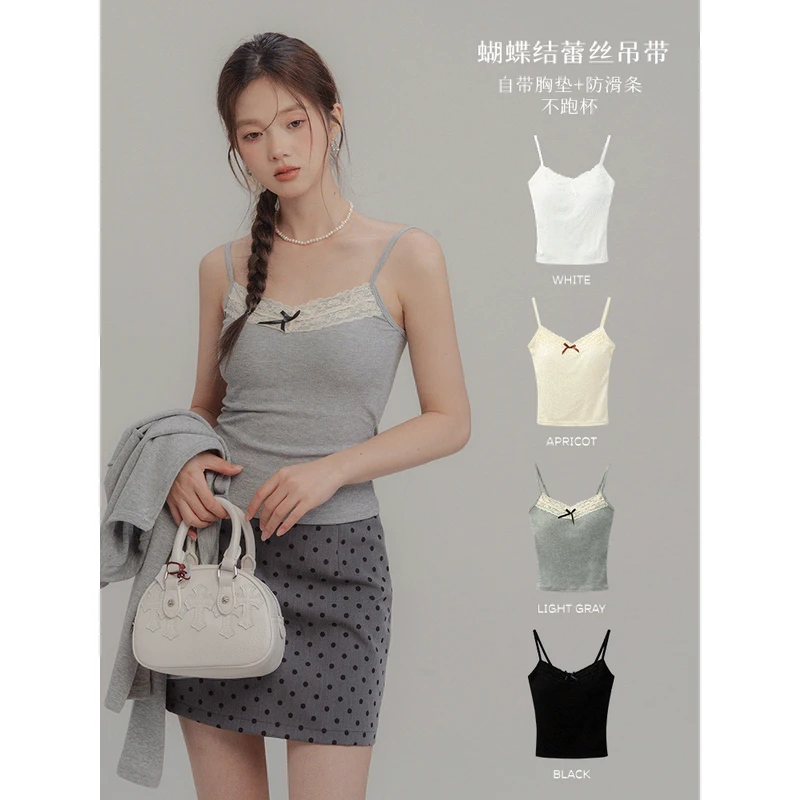 LOVEHEYNEW蝴蝶结蕾丝吊带女纯欲风带胸垫背心内搭短上衣XY-4C733