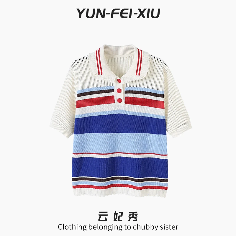 云妃秀大码女装针织衫百搭条纹宽松微胖舒适时尚减龄显瘦夏季5180