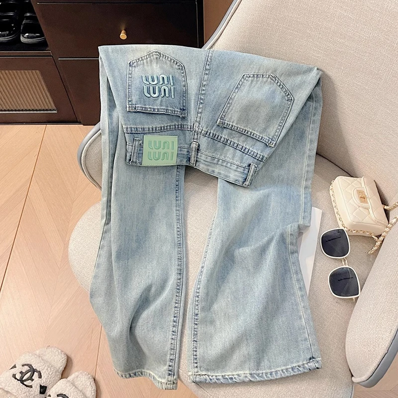 设计感撞色刺绣牛仔裤女秋夏新款美式高腰复古直筒宽松垂感拖地裤