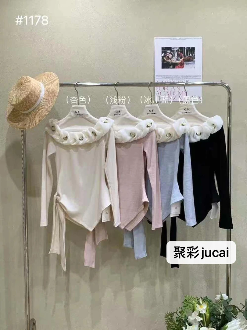 聚彩jucai【花边一字肩小上衣】2065