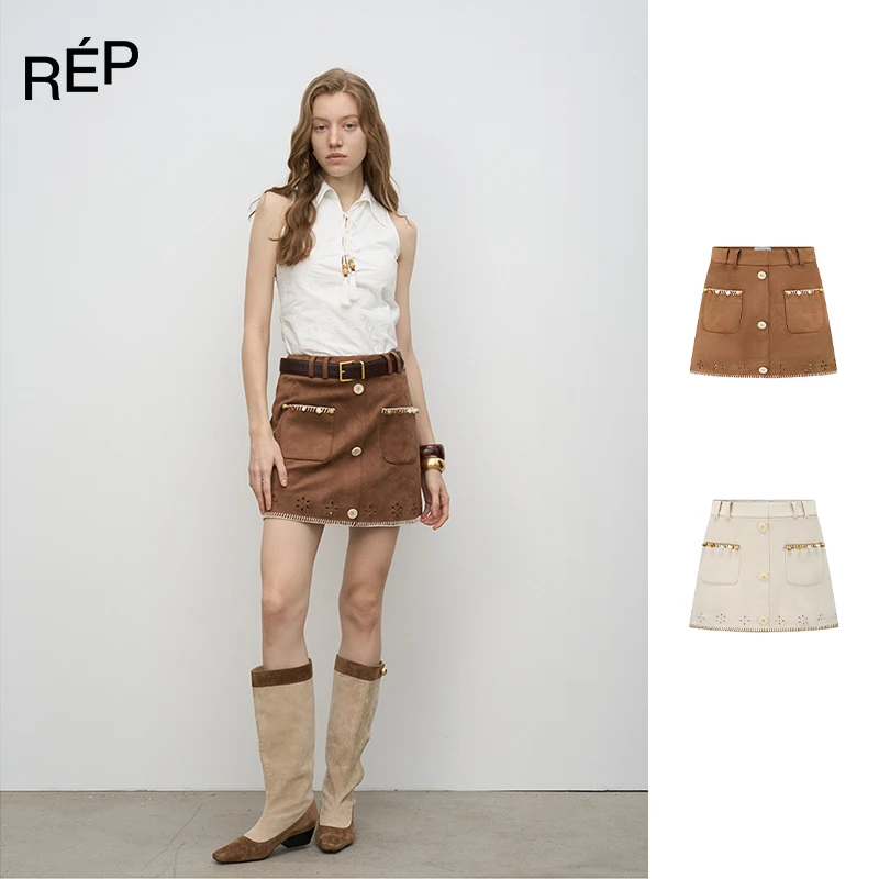 ODTD设计师米白/深棕色刺绣对称口袋半裙25SS TheREPUBLIQUE