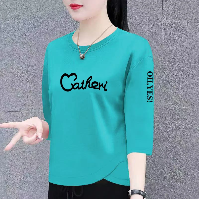 夏季流行时尚2025印花开叉休闲薄款百搭气质七分潮女生上衣体恤衫