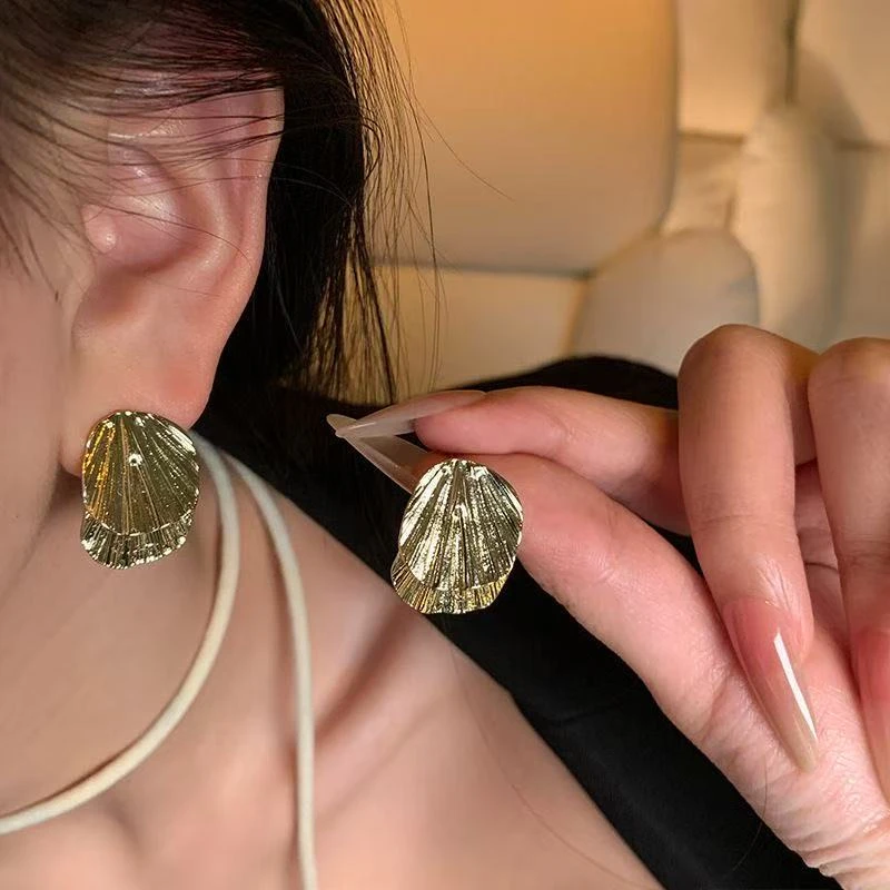 铜合金耳饰 欧美风金属感褶皱（110）贝壳耳环简约百搭耳坠网红同款